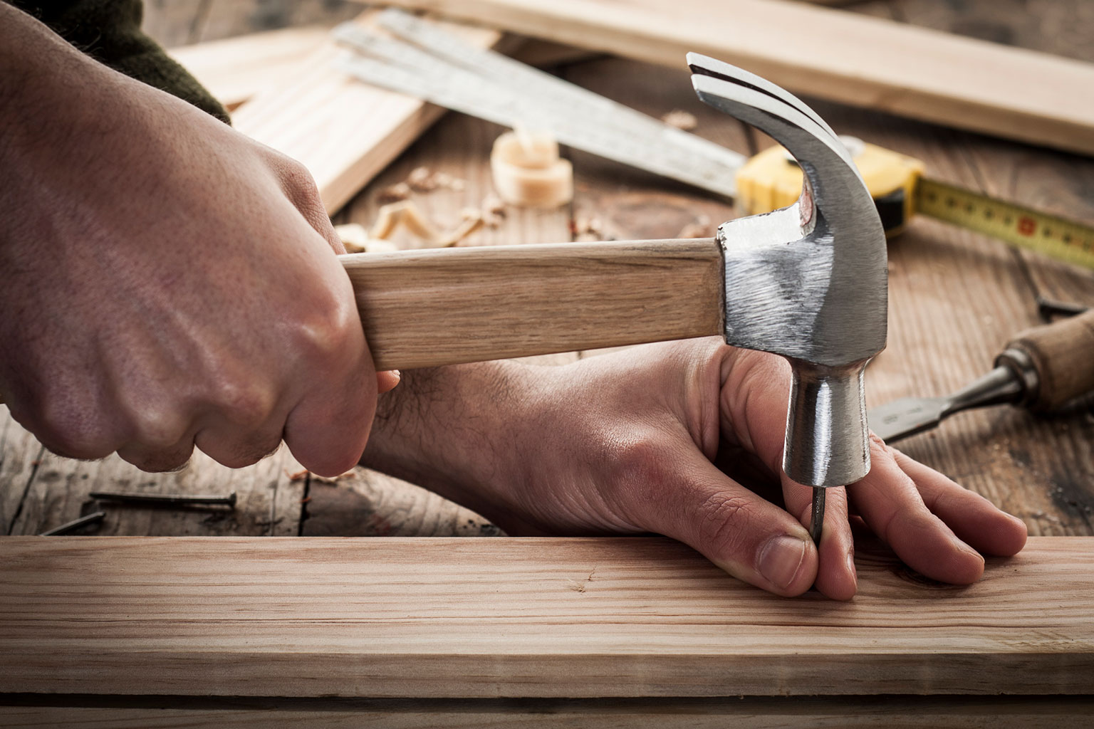 person hammering a nail into a piece of wood